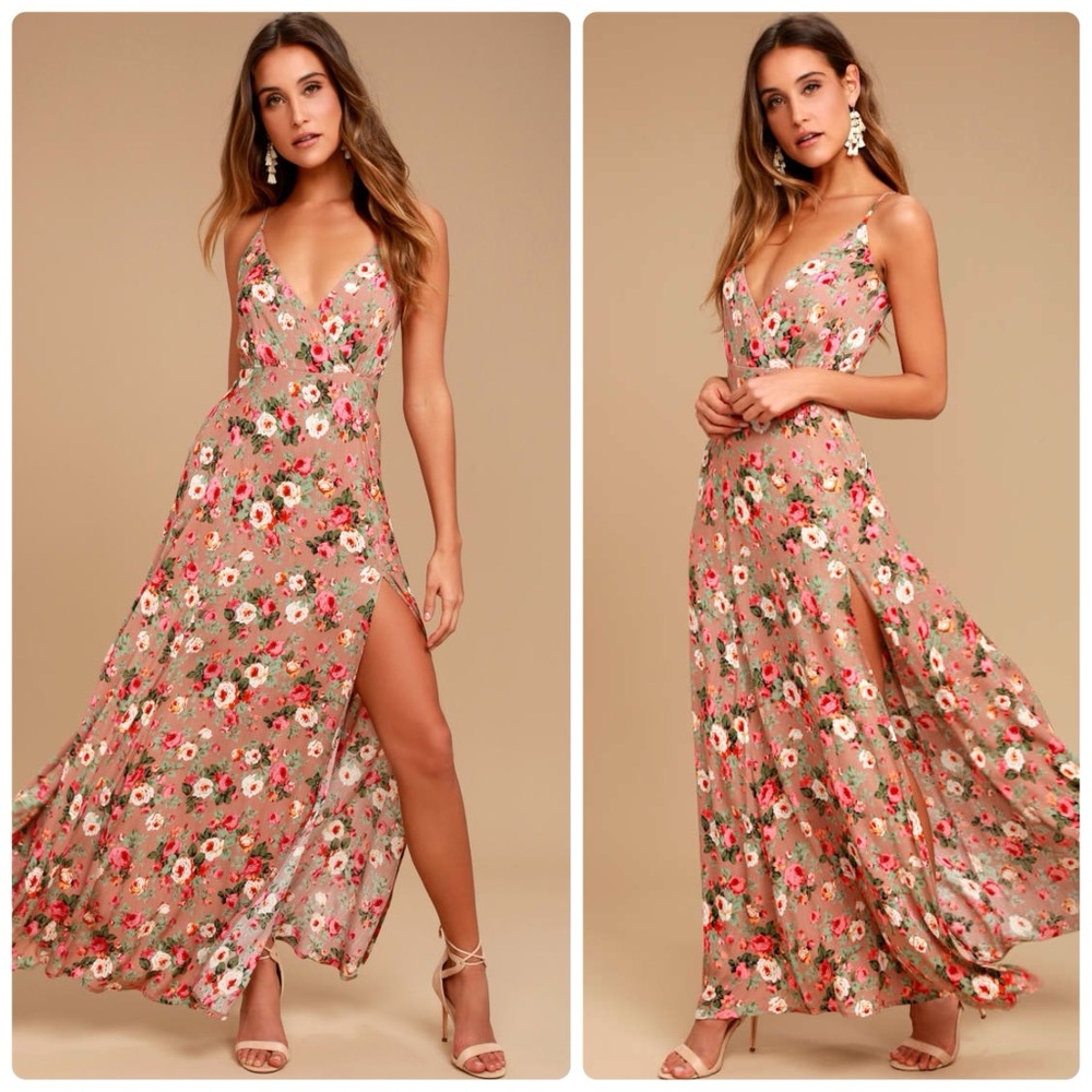 Lulu's Pink Floral Maxi Dress with Slit